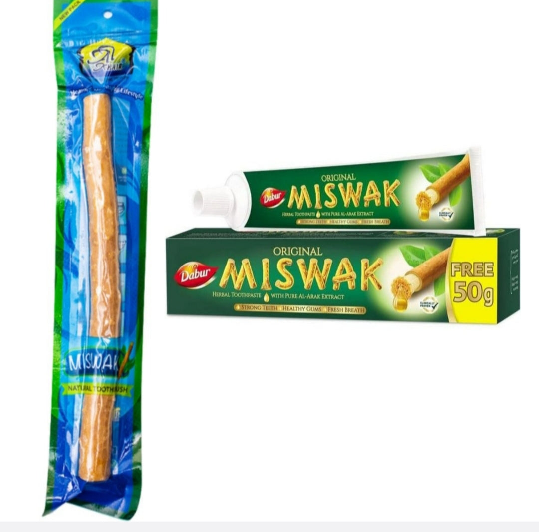 Al Khair Miswak Natural Toothbrush (8 inch) & Dabur Miswak Toothpaste (170g) Combo