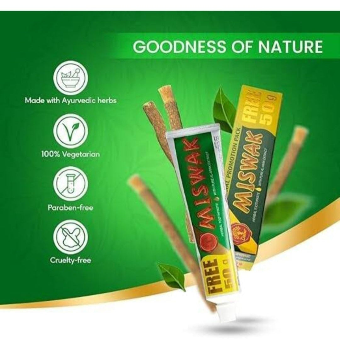 Al Khair Miswak Natural Toothbrush (8 inch) & Dabur Miswak Toothpaste (170g) Combo