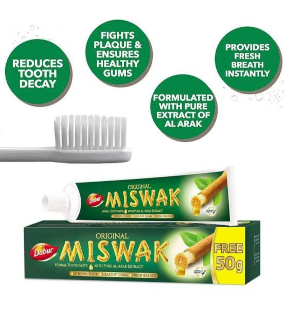 Al Khair Miswak Natural Toothbrush (8 inch) & Dabur Miswak Toothpaste (170g) Combo